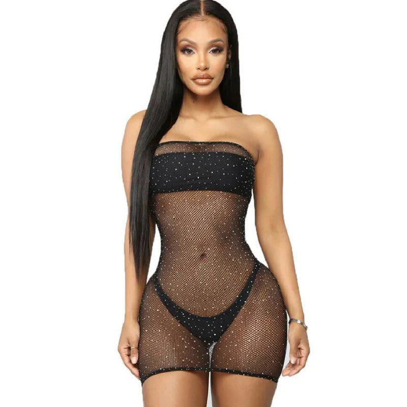 QUEEN LINGERIE - VESTIDO CUERPO DE RED CON BRILLANTES S/L - Nuvica