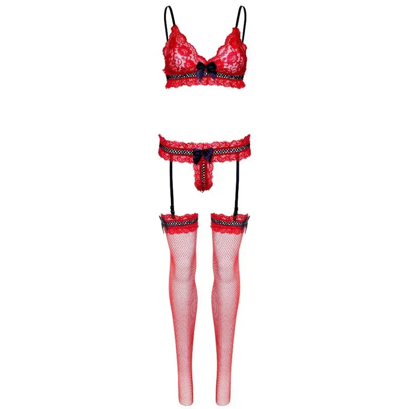 LEG AVENUE - SET TRES PIEZAS DE ENCAJES TALLA ÚNICA - ROJO - Nuvica
