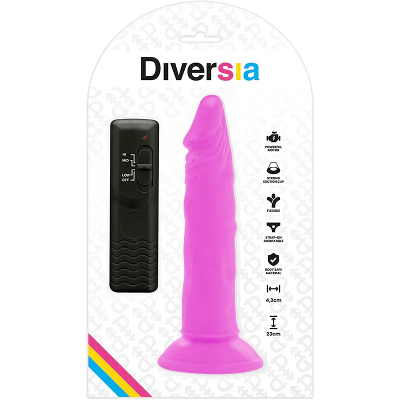 DIVERSIA - DILDO REALÍSTICO FLEXIBLE CON VIBRACIÓN LILA 23 CM -O- 4.3 CM - Nuvica