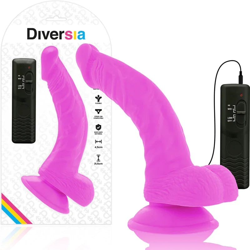DIVERSIA - DILDO REALÍSTICO FLEXIBLE CON VIBRACIÓN LILA 21.5 CM -O- 4.5 CM - Nuvica