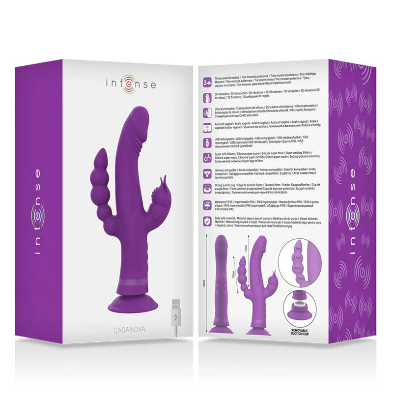 INTENSE - CASANOVA VIBRADOR RABBIT SILICONA TRIPLE MOTOR MORADO - Nuvica