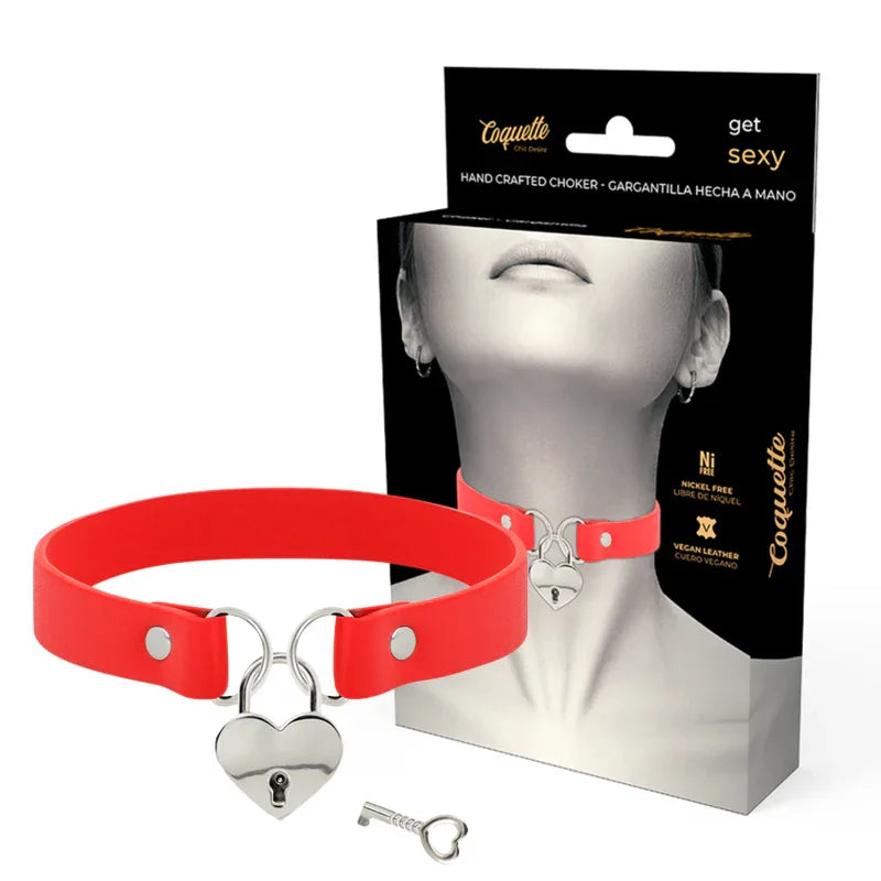 COQUETTE CHIC DESIRE - COLLAR CUERO VEGANO ROJO ACCESORIO CORAZÓN CON LLAVE - Nuvica