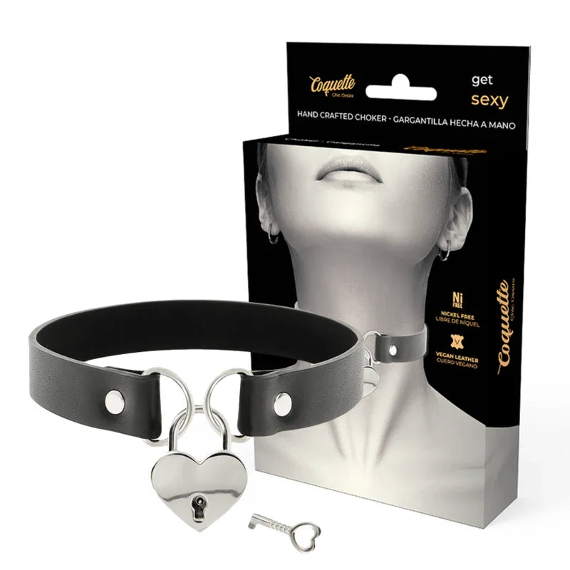 COQUETTE CHIC DESIRE - COLLAR CUERO VEGANO ACCESORIO CORAZÓN CON LLAVE - Nuvica