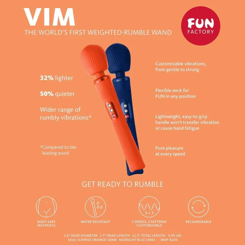 FUN FACTORY - VIM WAND RUMBLE VIBRADOR RECARGABLE SILICONA AZUL MEDIANOCHE - Nuvica
