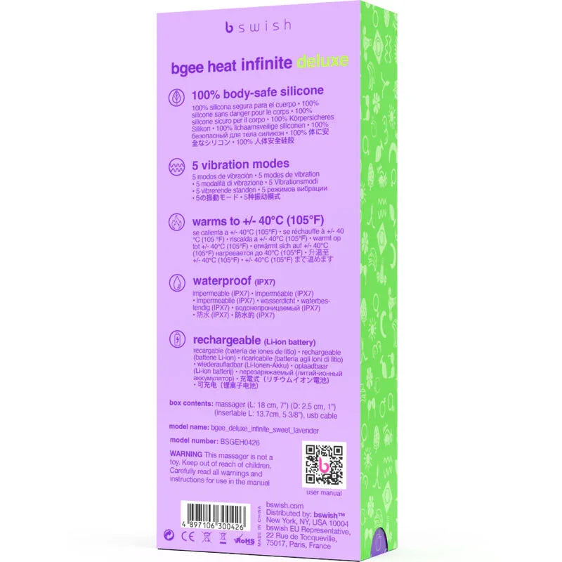 B SWISH - BGEE HEAT INFINITE DELUXE VIBRADOR RECARGABLE SILICONA LAVANDA - Nuvica