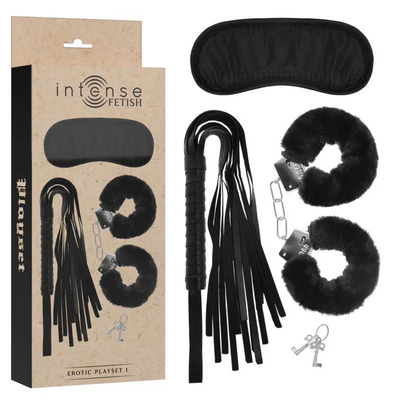 INTENSE - FETISH SET ERÓTICO 1 CON ESPOSAS, ANTIFAZ Y LÁTIGO DE CUERO VEGANO - Nuvica
