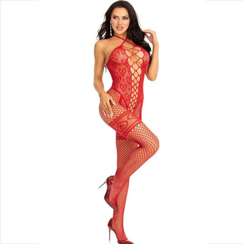 LEG AVENUE - BODYSTOCKING CUELLO HALTER RED CORAZONES ROJO - Nuvica