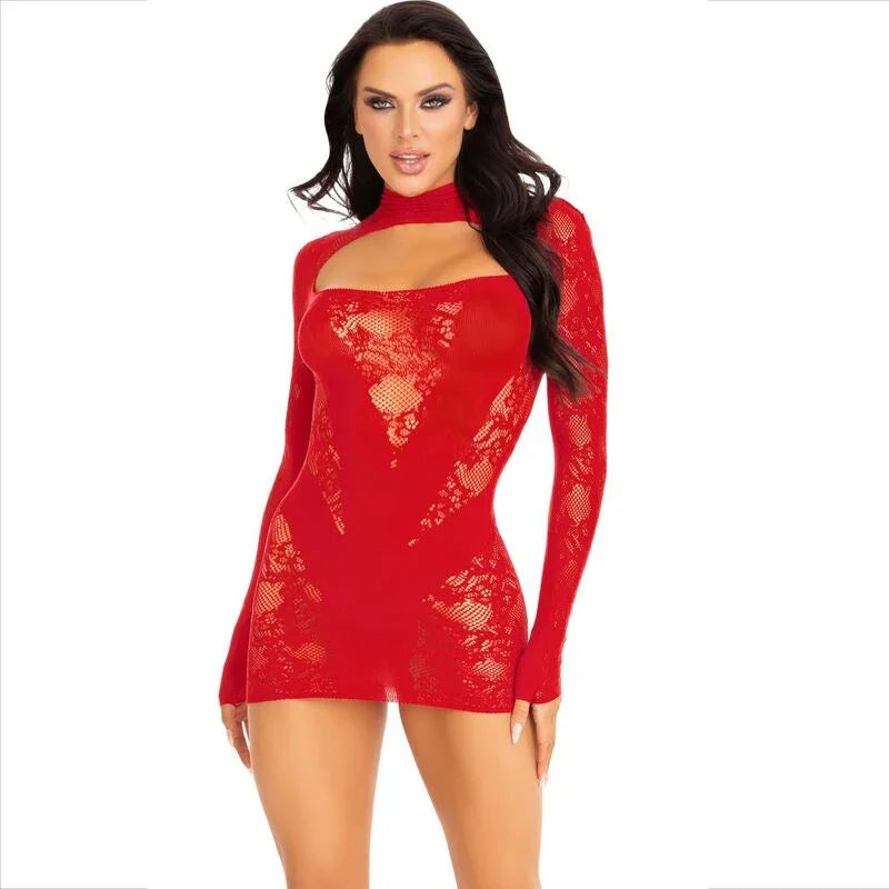 LEG AVENUE - MINI VESTIDO DE ENCAJE CON MANGA LARGA ROJO - Nuvica