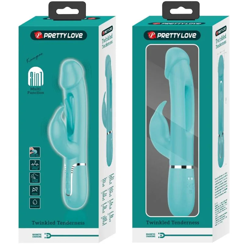 PRETTY LOVE - KAMPAS VIBRADOR RABBIT 3 EN 1 MULTIFUNCIÓN CON LENGUA VERDE AGUA - Nuvica