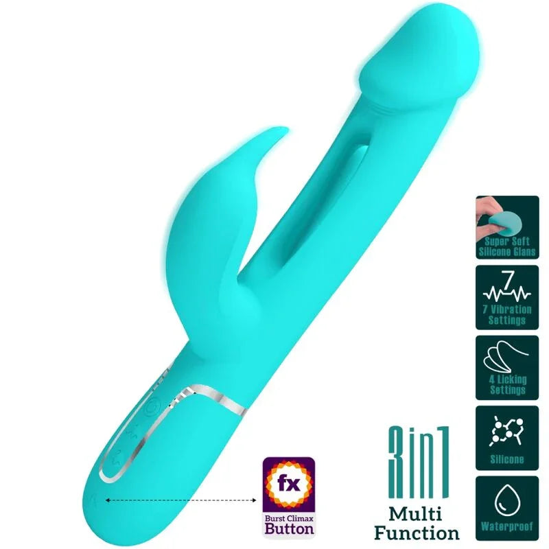 PRETTY LOVE - KAMPAS VIBRADOR RABBIT 3 EN 1 MULTIFUNCIÓN CON LENGUA VERDE AGUA - Nuvica