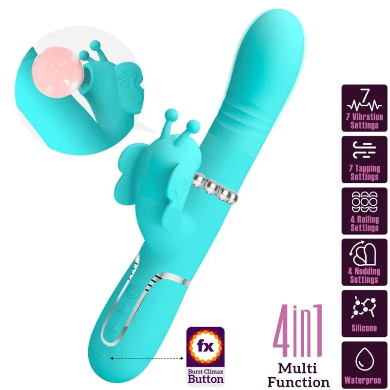 PRETTY LOVE - VIBRADOR RABBIT MULTIFUNCIÓN 4 EN 1 MARIPOSA VERDE AGUA - Nuvica