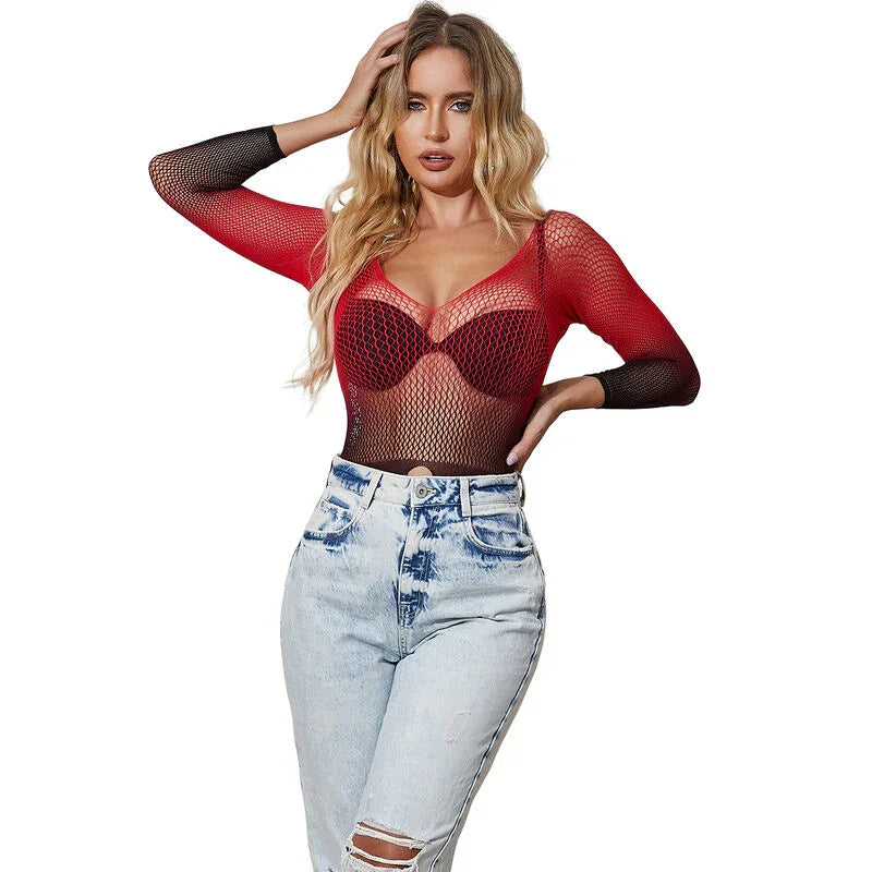 SUBBLIME - 952259 VESTIDO DE REJILLA ELÁSTICO MANGA LARGA DEGRADADO ROJO Y NEGRO TALLA ÚNICA - Nuvica