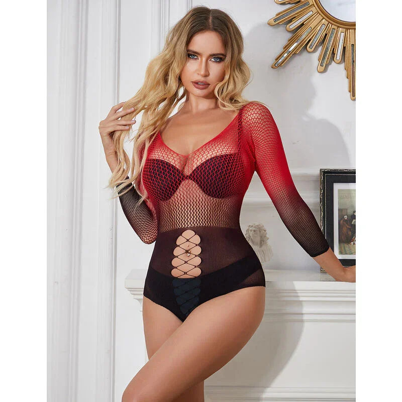 SUBBLIME - 952259 VESTIDO DE REJILLA ELÁSTICO MANGA LARGA DEGRADADO ROJO Y NEGRO TALLA ÚNICA - Nuvica