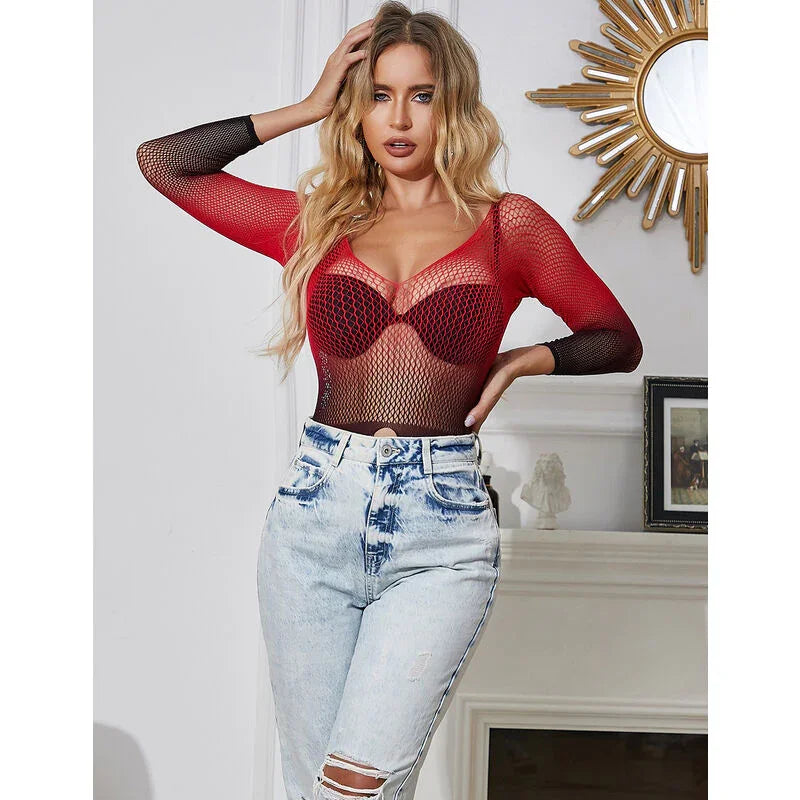 SUBBLIME - 952259 VESTIDO DE REJILLA ELÁSTICO MANGA LARGA DEGRADADO ROJO Y NEGRO TALLA ÚNICA - Nuvica