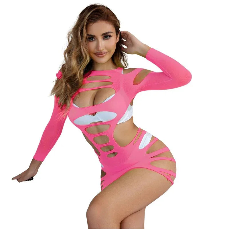 SUBBLIME - 952273 VESTIDO DE REJILLA ELÁSTICO MANGA LARGA ROSA TALLA ÚNICA - Nuvica