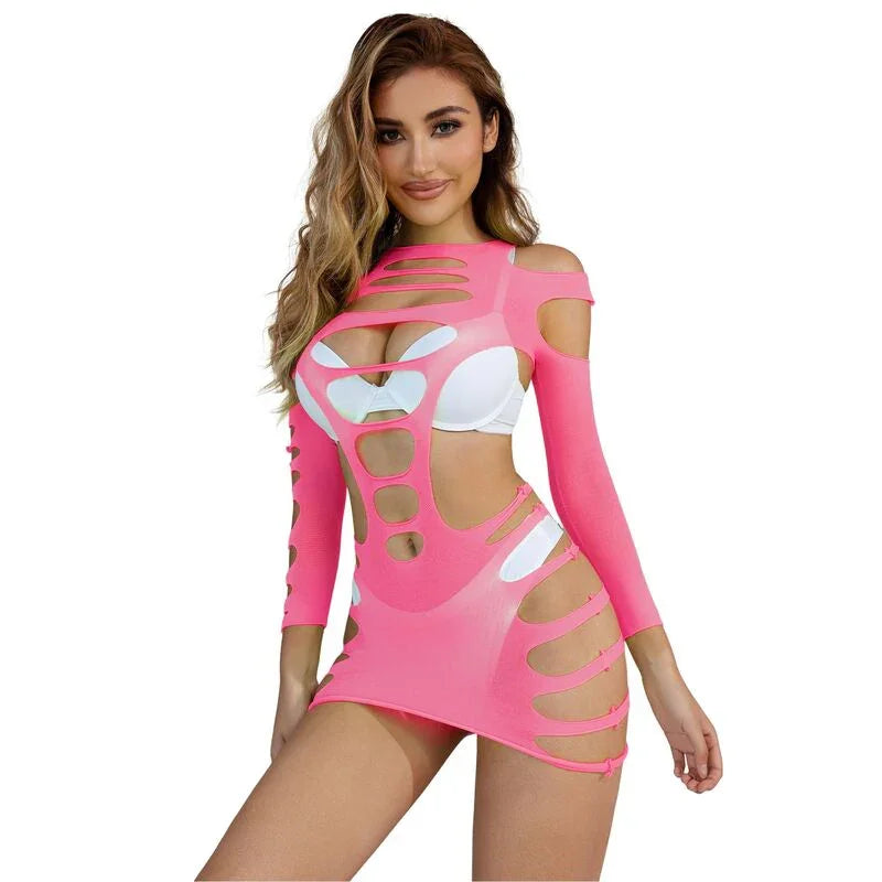 SUBBLIME - 952273 VESTIDO DE REJILLA ELÁSTICO MANGA LARGA ROSA TALLA ÚNICA - Nuvica