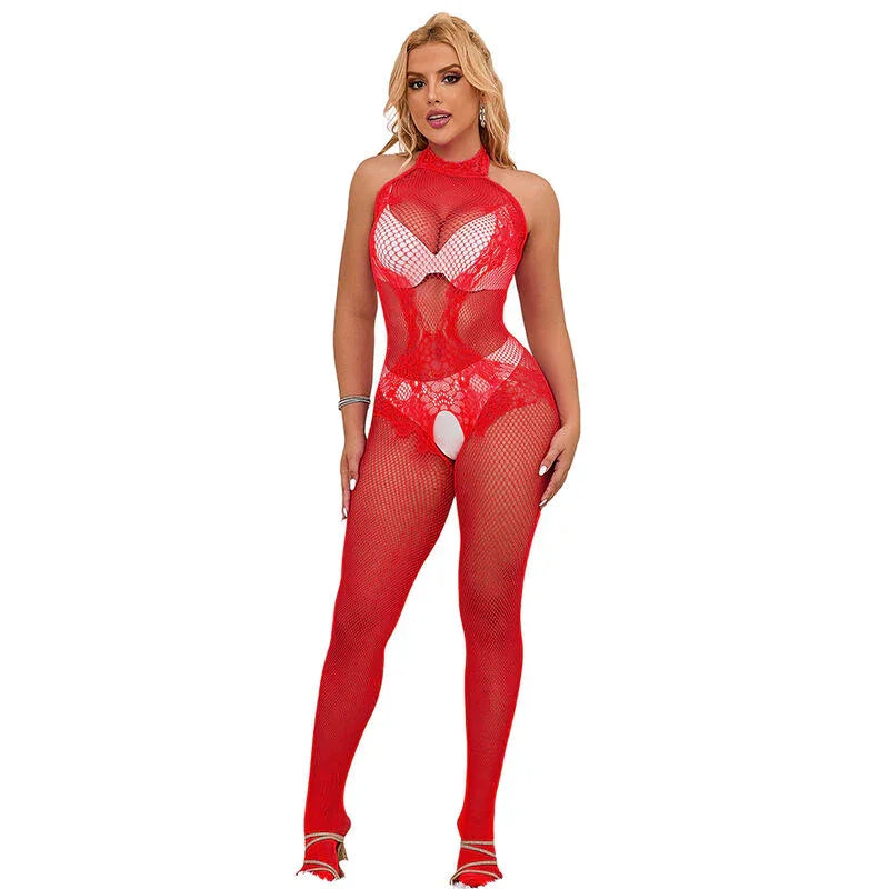 SUBBLIME - 952372 BODYSTOCKING CROTCHLESS DE REJILLA Y ENCAJE CON CUELLO ALTO ROJO TALLA ÚNICA - Nuvica