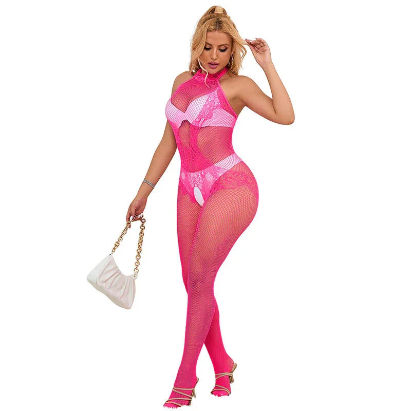 SUBBLIME - 952389 BODYSTOCKING CROTCHLESS DE REJILLA Y ENCAJE CON CUELLO ALTO ROSA TALLA ÚNICA - Nuvica