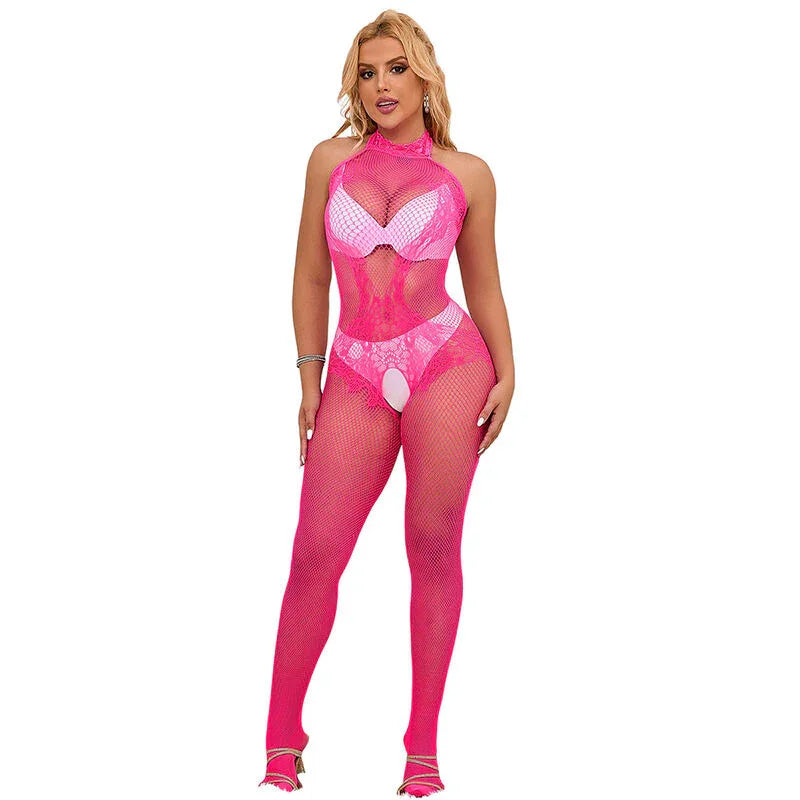 SUBBLIME - 952389 BODYSTOCKING CROTCHLESS DE REJILLA Y ENCAJE CON CUELLO ALTO ROSA TALLA ÚNICA - Nuvica