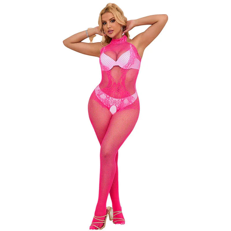 SUBBLIME - 952389 BODYSTOCKING CROTCHLESS DE REJILLA Y ENCAJE CON CUELLO ALTO ROSA TALLA ÚNICA - Nuvica