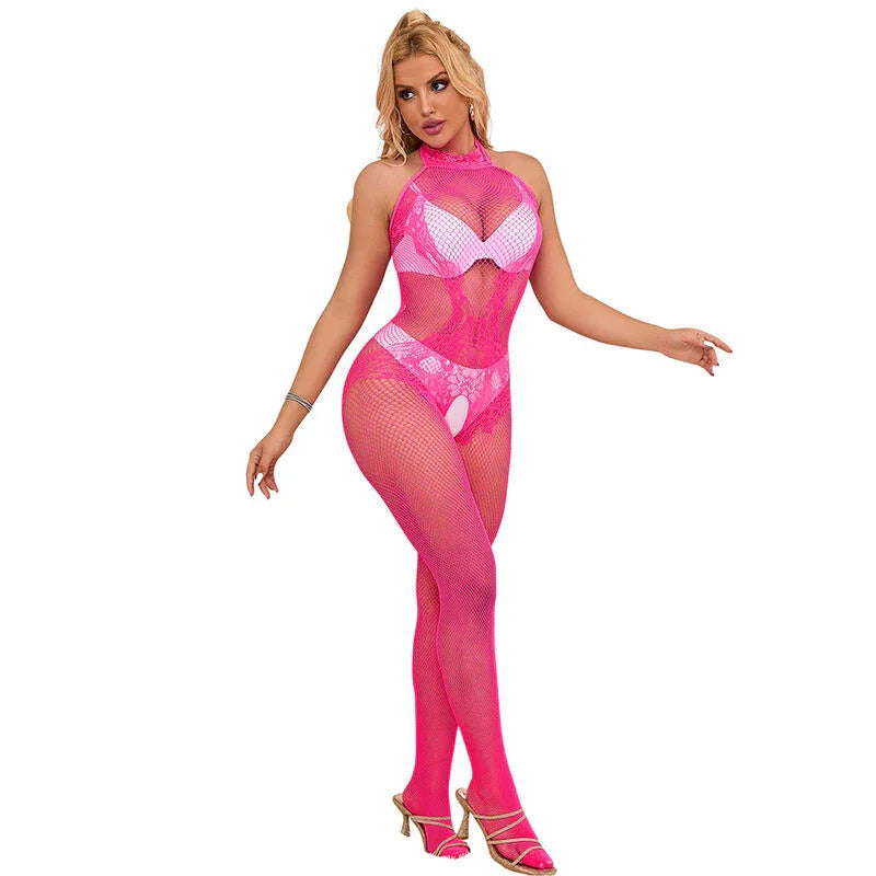 SUBBLIME - 952389 BODYSTOCKING CROTCHLESS DE REJILLA Y ENCAJE CON CUELLO ALTO ROSA TALLA ÚNICA - Nuvica