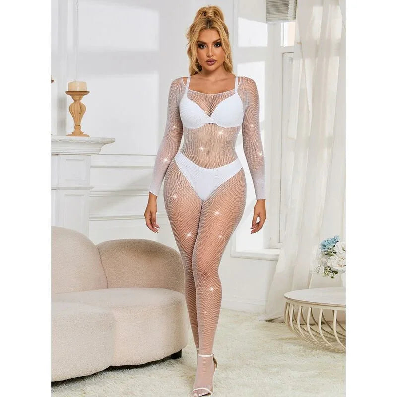 SUBBLIME - 952396 BODYSTOCKING DE REJILLA CON DIAMANTES MANGA LARGA BLANCO TALLA ÚNICA - Nuvica