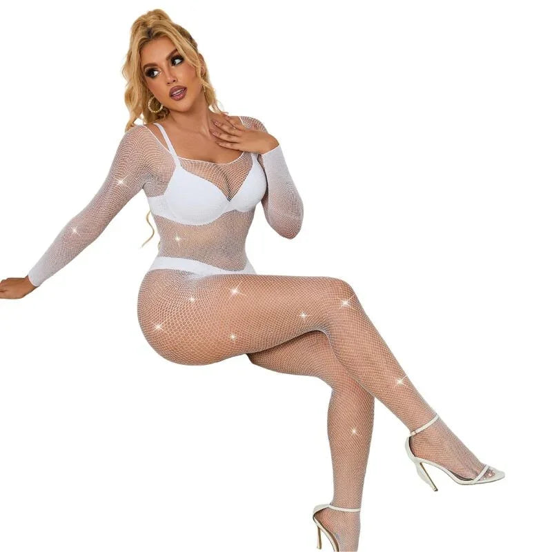 SUBBLIME - 952396 BODYSTOCKING DE REJILLA CON DIAMANTES MANGA LARGA BLANCO TALLA ÚNICA - Nuvica