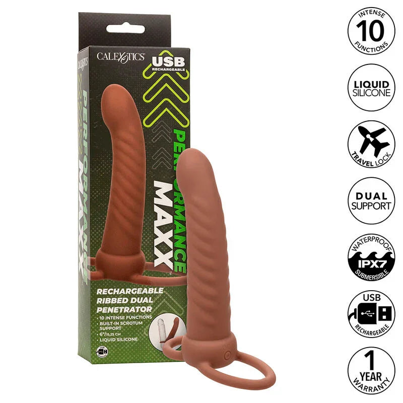 CALEXOTICS - MAXX DOBLE PENETRADOR ACANALADO 10 VIBRACIONES MULATO - Nuvica
