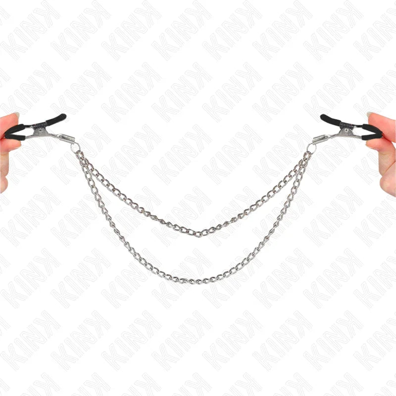 KINK - PINZAS PARA PEZONES CON DOBLE CADENA GRUESA PLATEADO 20/23 CM - Nuvica