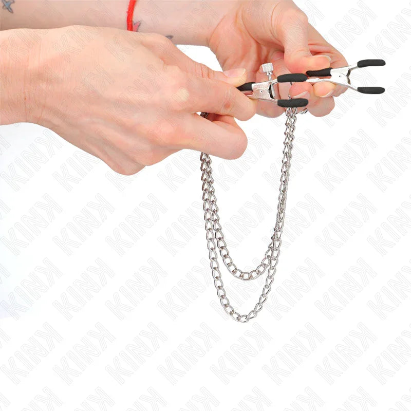 KINK - PINZAS PARA PEZONES CON DOBLE CADENA GRUESA PLATEADO 20/23 CM - Nuvica