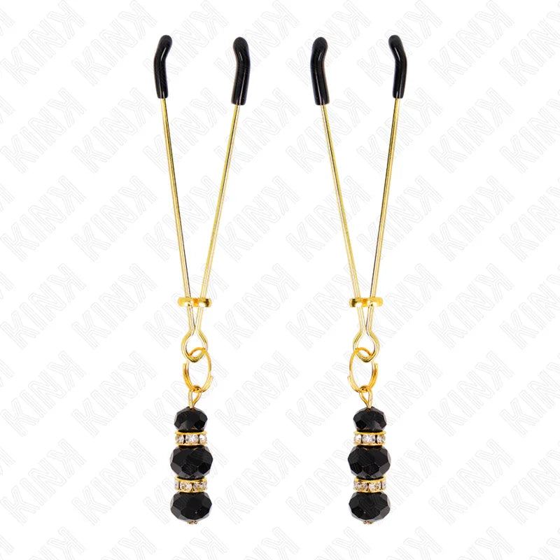 KINK - PINZAS PARA PEZONES DORADA FINA CON TRIPLE BOLA DE VIDRIO NEGRO 7 CM - Nuvica