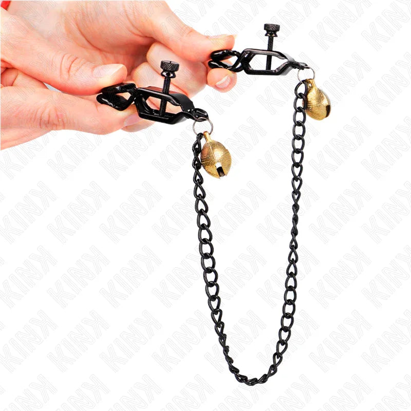 KINK - PINZAS PARA PEZONES PLANAS NEGRO CON CASCABEL Y CADENA PLATEADO 30 CM - Nuvica