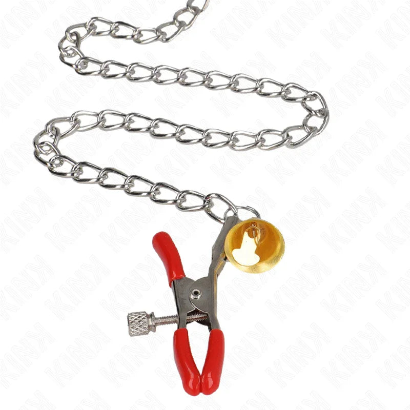 KINK - PINZAS PARA PEZONES Y CLÍTORIS ROJAS CON CASCABEL DORADO Y CADENA 30 CM - Nuvica