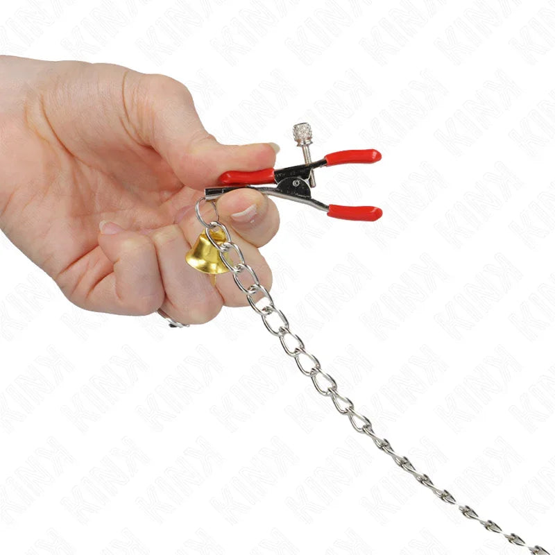 KINK - PINZAS PARA PEZONES Y CLÍTORIS ROJAS CON CASCABEL DORADO Y CADENA 30 CM - Nuvica