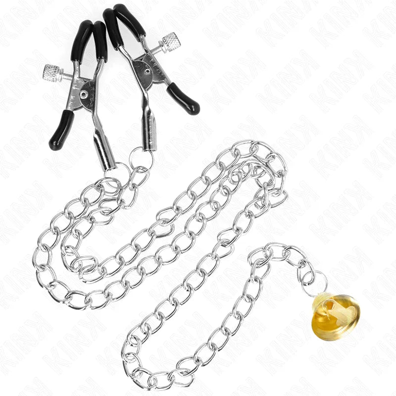 KINK - PINZAS PARA PEZONES CON CAMPANA CASCABEL DORADO Y CADENA 30 CM - Nuvica