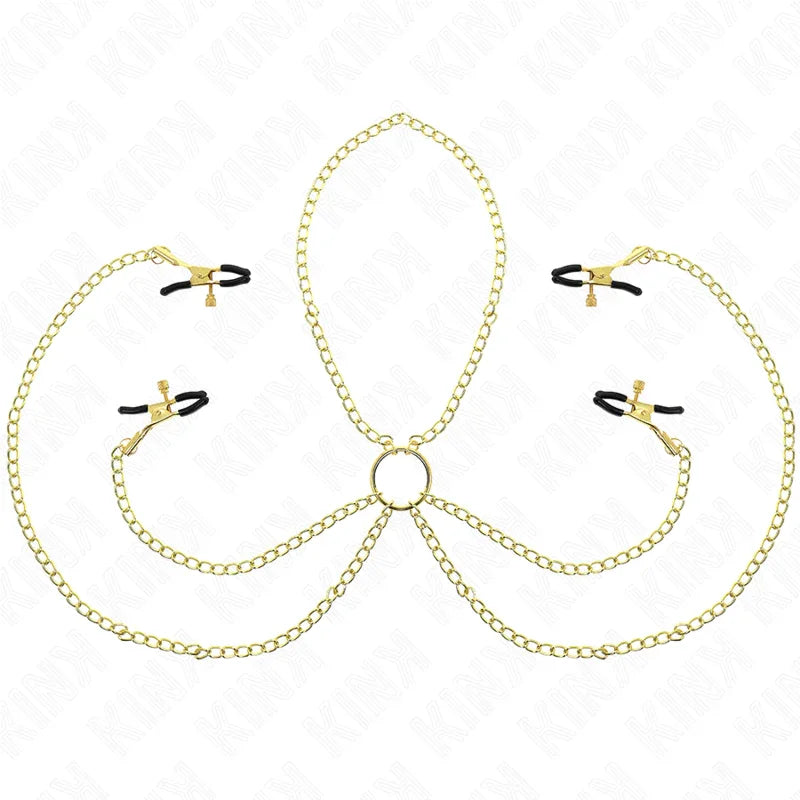 KINK - PINZAS PARA PEZONES Y CLÍTORIS 4 ENGANCHES AJUSTABLE DORADO - Nuvica