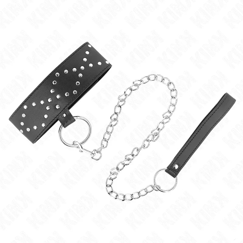 KINK - COLLAR CON CORREA 65 CM CON TACHUELAS PLATEADAS MODELO 3 AJUSTABLE 36-43 CM X 5 CM - Nuvica