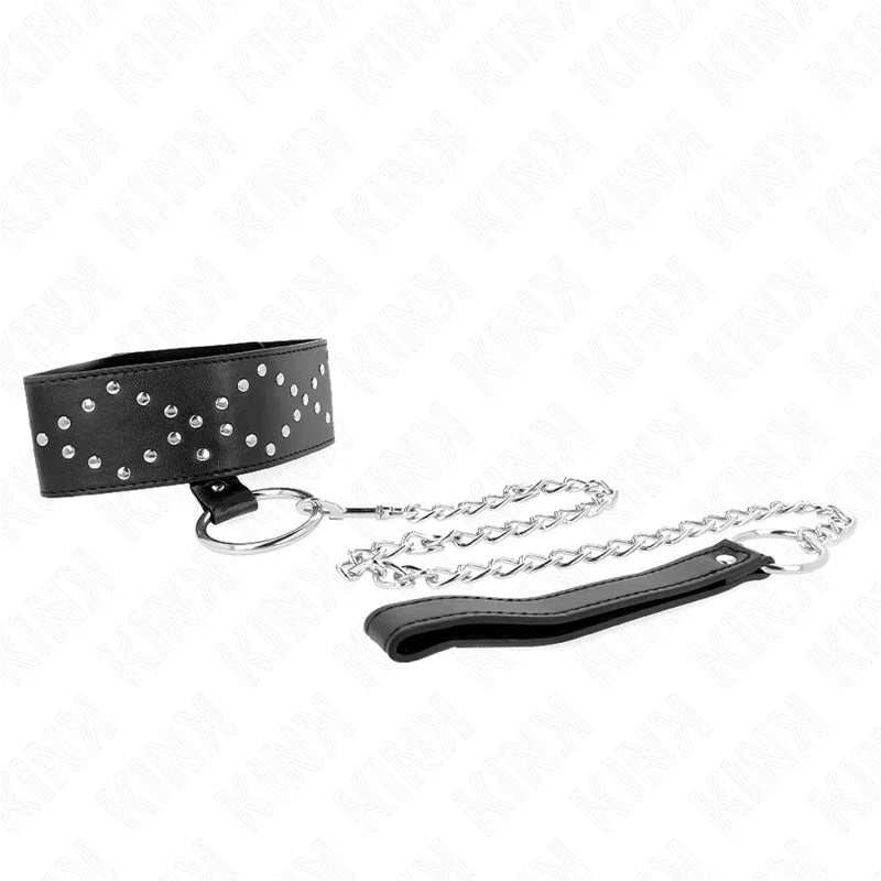 KINK - COLLAR CON CORREA 65 CM CON TACHUELAS PLATEADAS MODELO 3 AJUSTABLE 36-43 CM X 5 CM - Nuvica