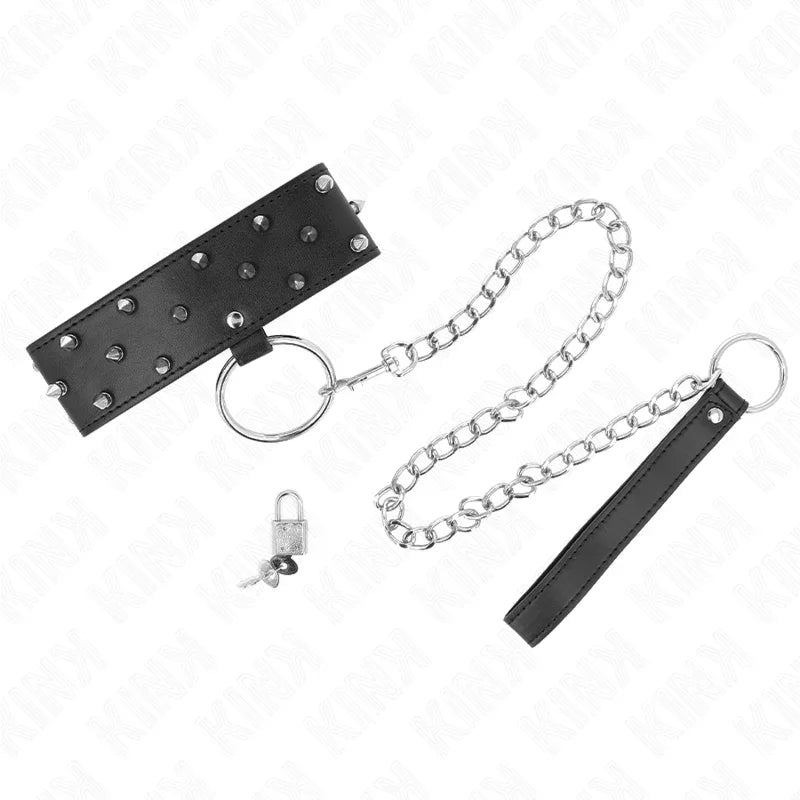 KINK - COLLAR CON CORREA 65 CM CON TACHUELAS PLATEADAS MODELO 5 AJUSTABLE 36-43 CM X 5 CM - Nuvica