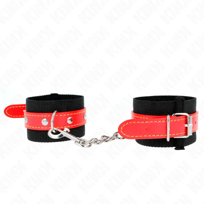 KINK - MUÑEQUERAS DE NYLON NEGRO CON CORREA POLIPIEL ROJO AJUSTABLE 19-24 CM X 5.5 CM - Nuvica