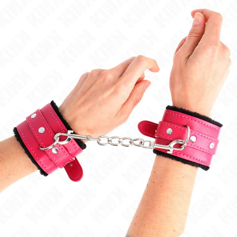 KINK - MUÑEQUERAS FORRADAS PREMIUM NEGRO CON CORREA FUCSIA AJUSTABLE 17-29 CM X 6 CM - Nuvica