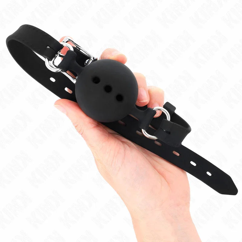 KINK - MORDAZA 55 x 2 CM DE BOLA 4.5 CM DE SILICONA COMPLETA TALLA M NEGRO AJUSTABLE 35-51 CM - Nuvica