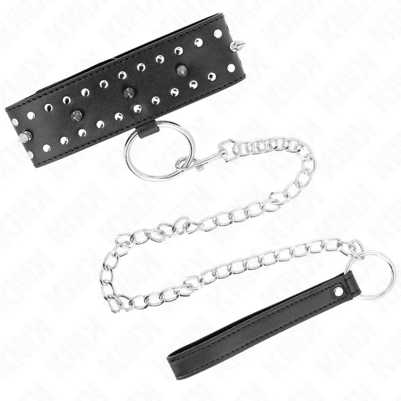 KINK - COLLAR CON CORREA 65 CM CON TACHUELAS PLATEADAS MODELO 1 AJUSTABLE 36-43 CM X 5 CM - Nuvica