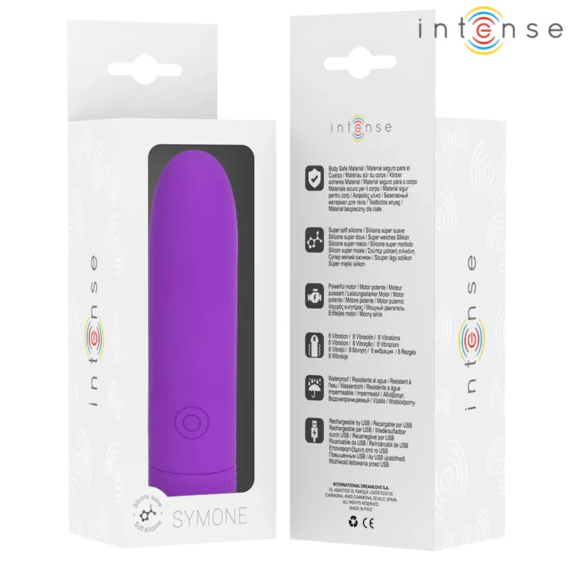 INTENSE - SYMONE BALA VIBRADORA RECARGABLE POR USB 8 VIBRACIONES MORADO 10 X 2.2 CM - Nuvica