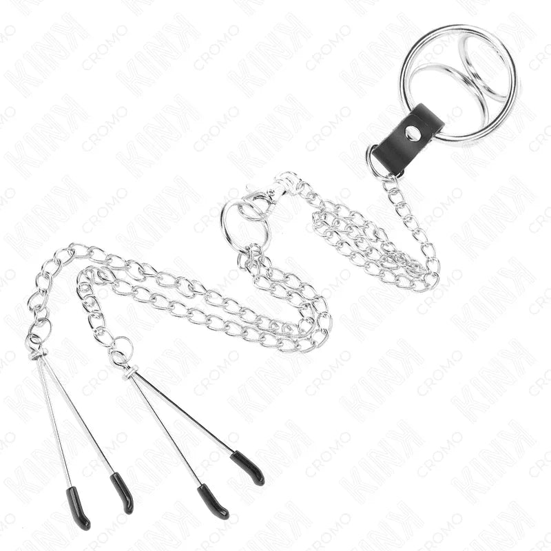KINK - ANILLO PENE TRIPLE METAL CROMADO 3 CM A 4.5 CM CON CADENA METAL 26 CM Y PINZAS PARA PEZONES - Nuvica