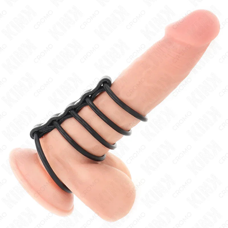 KINK - 5 ANILLOS PENE SILICONA 3.8 CM A 4.8 CM CONECTADOS POR CUERO - Nuvica