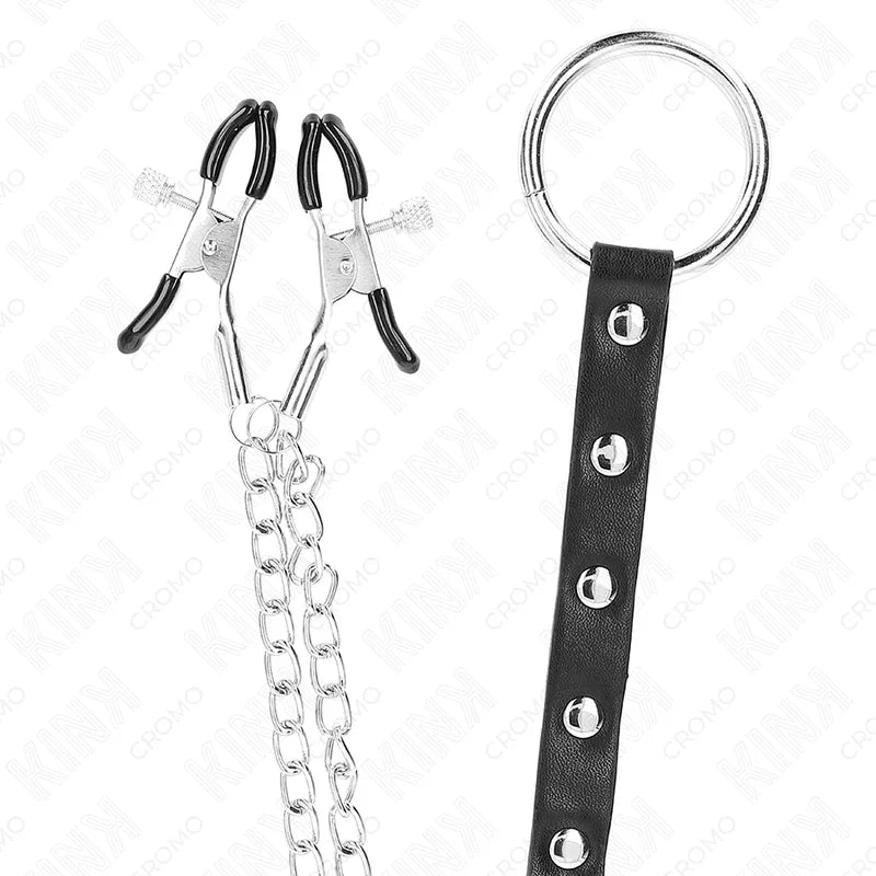 KINK - ANILLO PENE METAL CON CADENA Y PINZAS PARA PEZONES AJUSTABLE - Nuvica