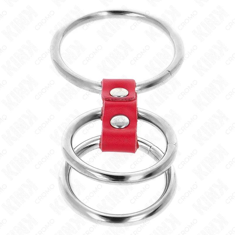 KINK - ANILLO PENE TRIPLE METAL 3.7 CM A 5 CM CONECTADOS CON CUERO ROJO - Nuvica