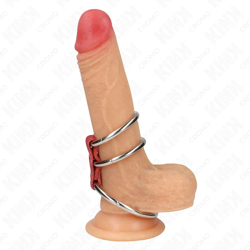 KINK - ANILLO PENE TRIPLE METAL 3.7 CM A 5 CM CONECTADOS CON CUERO ROJO - Nuvica