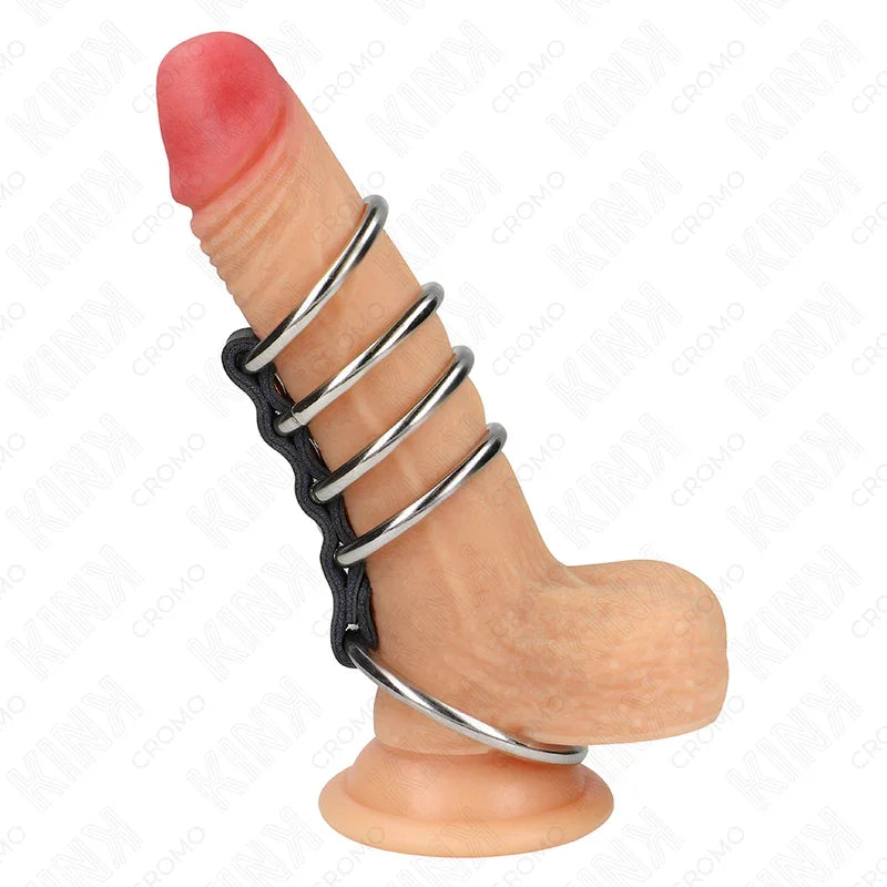 KINK - 5 ANILLOS PENE 3.7 CM A 5 CM METAL CONECTADOS POR CUERO - Nuvica